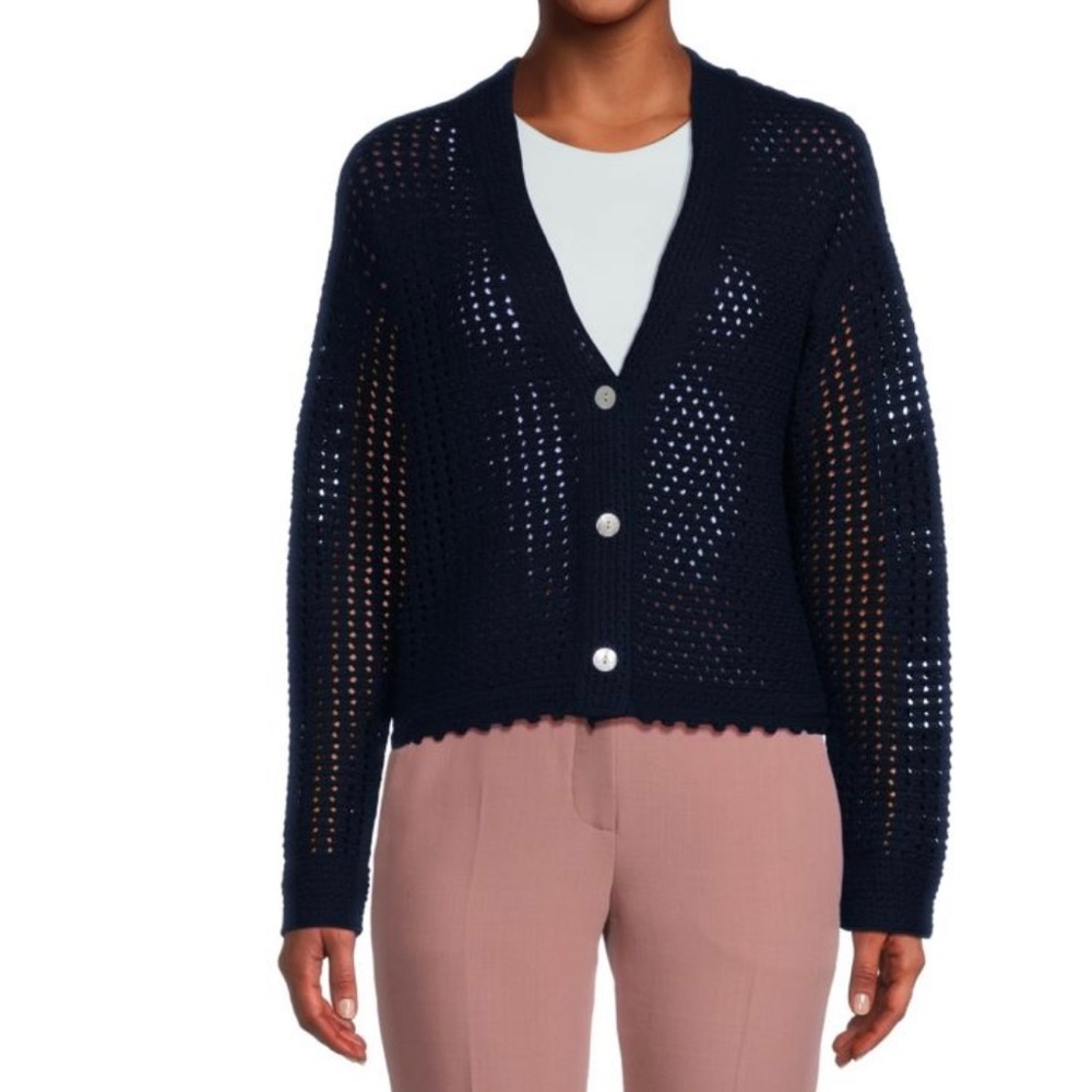 NWT Vince Women's Black Cotton Crochet V-neck Cardigan Size M